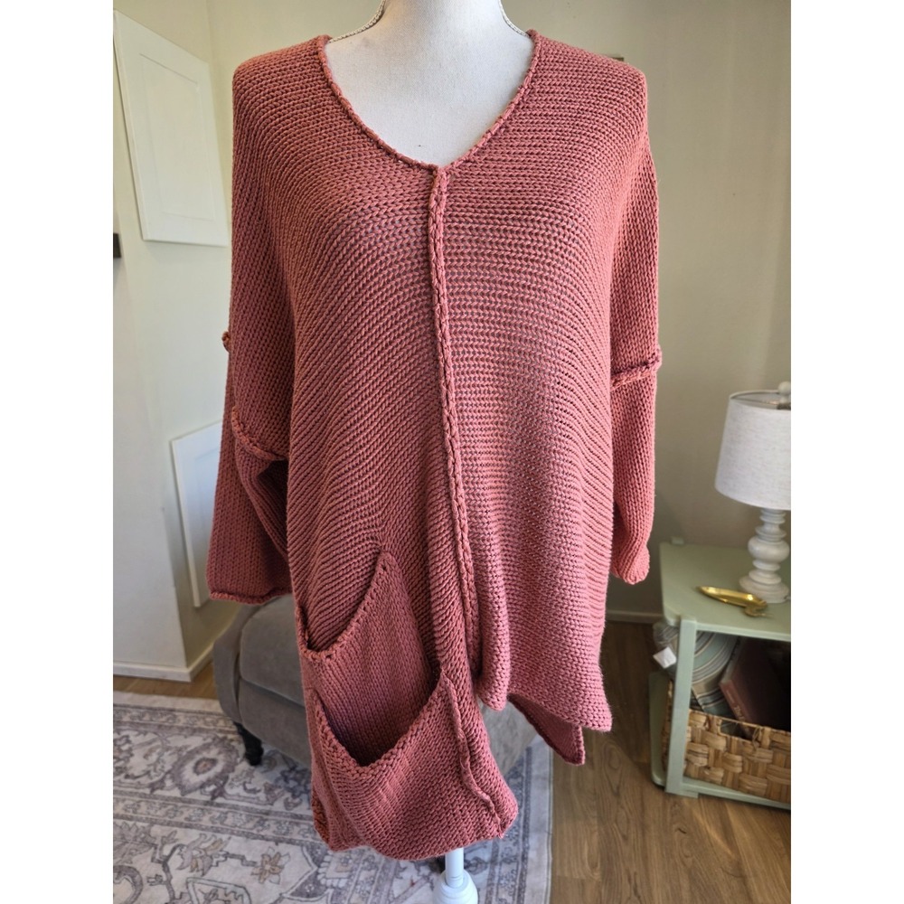 Tina Stephens Top OS Coral Knit‎ Asymmetrical Drop Sleeve Made In Italy